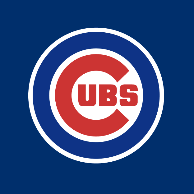 Chicago Cubs circular logo with a red C and blue UBS lettering on a navy background.