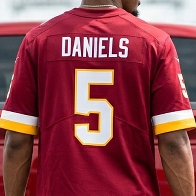 Back view of a burgundy Washington Commanders jersey featuring the name 'Daniels' and number 5.