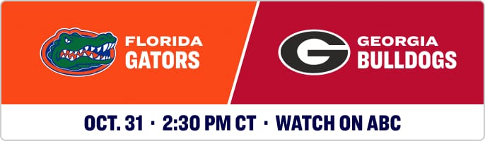 Matchup graphic featuring the Florida Gators logo and Georgia Bulldogs logo. Text reads: FLORIDA GATORS vs GEORGIA BULLDOGS.
