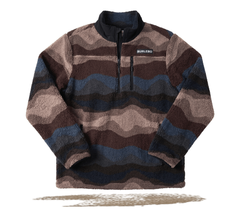 Brown, navy, and gray striped quarter-zip fleece pullover displayed on a light gray background.