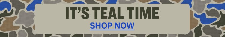 Event banner with camoflage background and text 'It's Teal Time' with 'Shop Now' call-to-action.