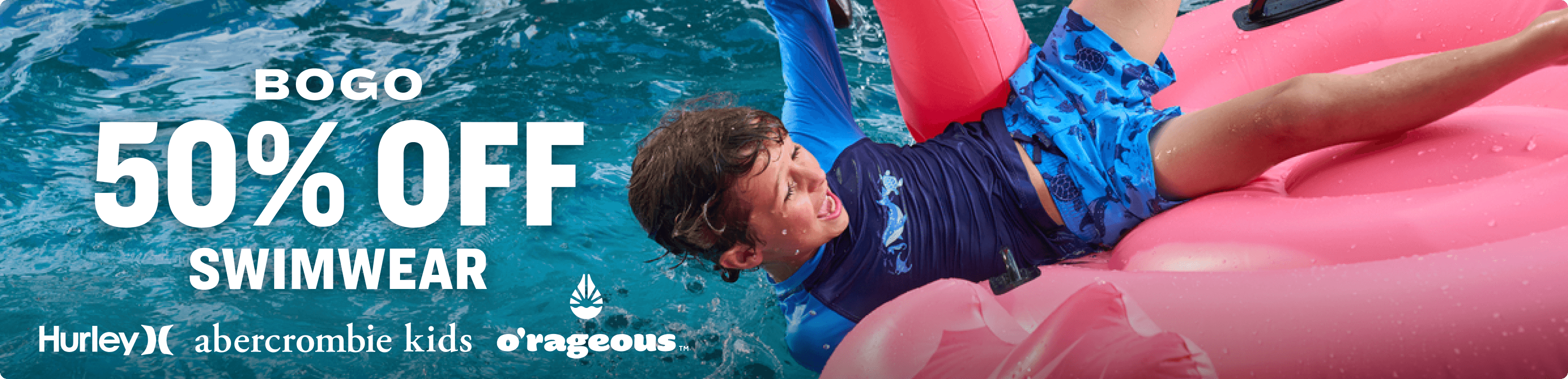 Person floating on a pink inflatable in water, with Hurley, Abercrombie Kids, and O'rageous logos.