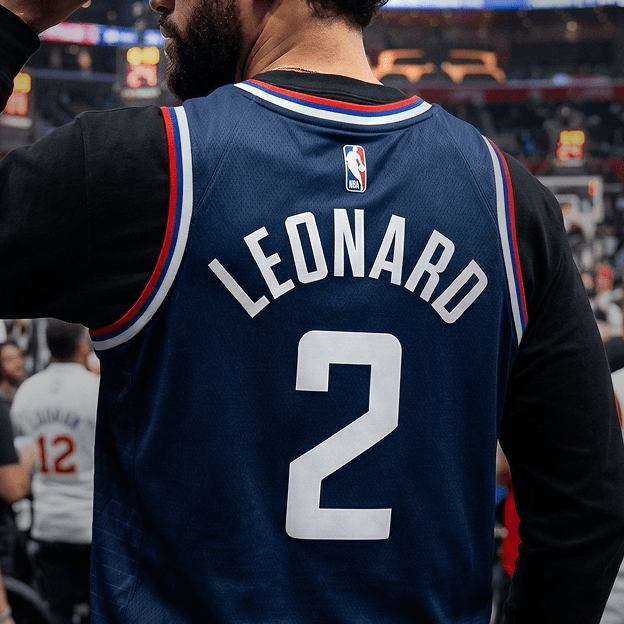 Back view of a navy NBA basketball jersey showing the name LEONARD and the number 2.