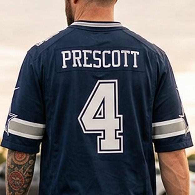 Back view of a navy Dallas Cowboys jersey with the name 'Prescott' and number 4.