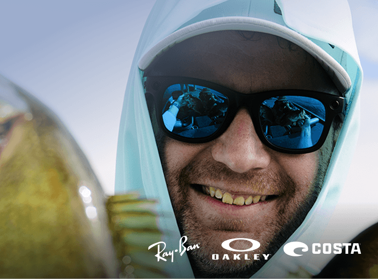 Close-up of person wearing Ray-Ban sunglasses with overlaid Ray-Ban, Costa, and Oakley brand logos.