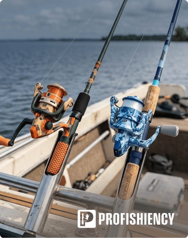 Fishing rods and spinning reels mounted in a kayak, featuring ProFISHiency gear.
