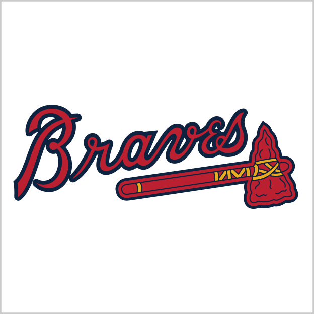 Atlanta Braves script logo in red and navy above a tomahawk graphic on a light gray background.