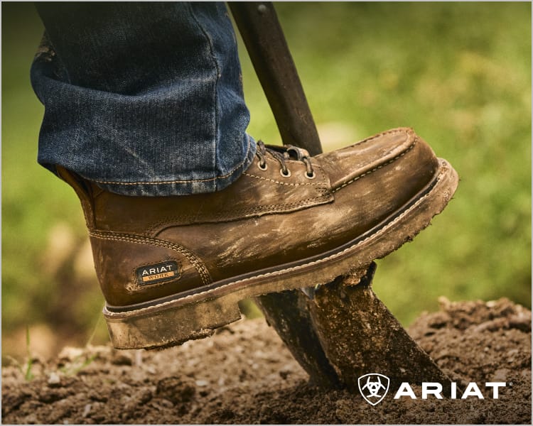 Ariat promotional banner featuring a close-up of an Ariat leather work boot stepping on rugged terrain, and overlaid Ariat logo.