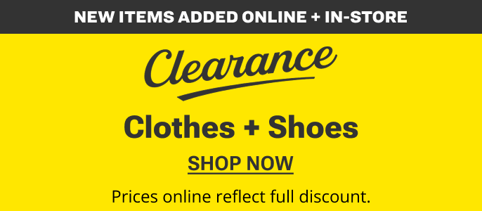 Yellow promotional banner with text “Clearance clothes and shoes” and “New items added online and in store” with a “Shop now” call to action and note that prices online reflect full discount.