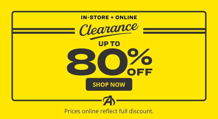 In-store and online clearance promotion featuring a bright yellow background with text announcing up to 80% off clearance items and a Shop Now button.