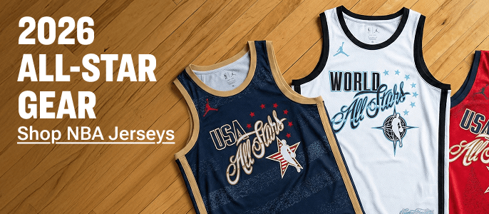 Three 2026 NBA All-Star basketball jerseys—navy USA, white World, and red USA—displayed on a hardwood court background.