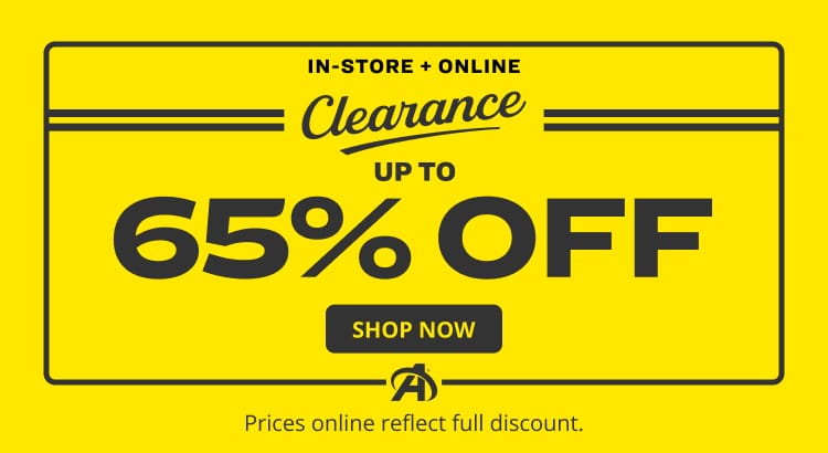 Bright yellow clearance banner advertising up to 65% off online and in-store with Shop Now button.