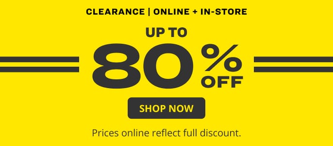 In-store and online clearance promotion featuring a bright yellow background with text announcing up to 80% off clearance items and a Shop Now button.