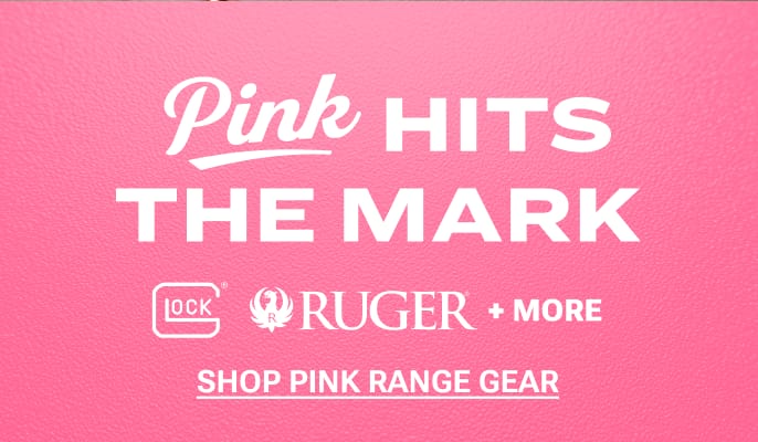 Trending this October. “Pink is the New Black. Shop Pink Guns.” Pink handgun displayed on a tan canvas bag with shooting glasses and hearing protection nearby.
