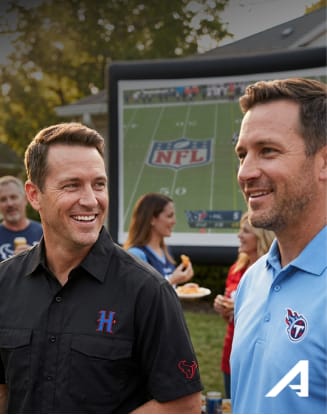 Two people wearing NFL team polos at an outdoor tailgate gathering with a football game displayed on a screen in the background.