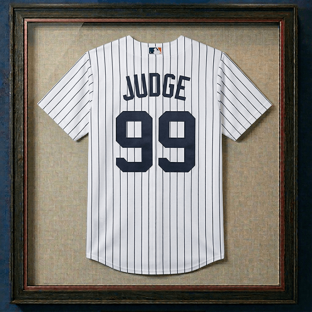 Framed white Aaron Judge baseball jersey with black lettering and number 99 on the back.
