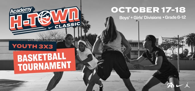 Black-and-white action photo of youth basketball players on a court promoting the Academy Sports + Outdoors H-Town Classic Youth 3x3 Basketball Tournament taking place October 17-18.