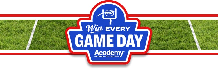 Football field background with yard lines and a centered “Win Every Gameday” Academy Sports + Outdoors graphic.