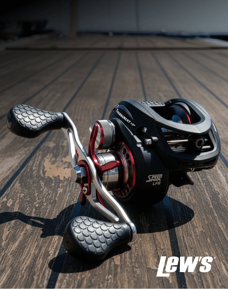 Lew’s baitcasting reel placed on a wooden dock, shown close‑up to highlight the handle, spool, and metal components.