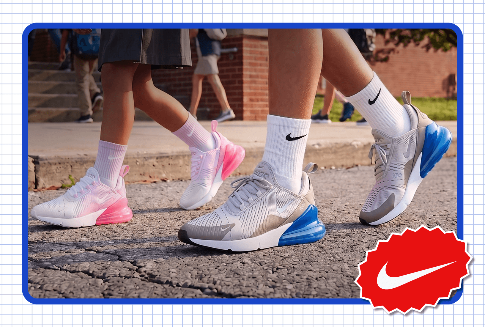 Nike Air Max sneakers in pink and gray colorways worn while walking outdoors near a school campus sidewalk, highlighting back-to-school athletic footwear.