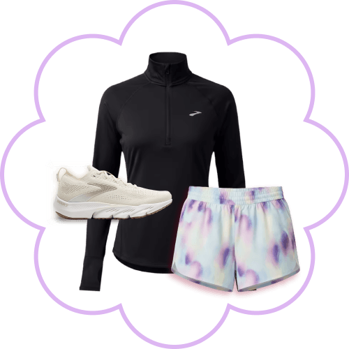 lack long-sleeve athletic top paired with patterned shorts and a light-colored headband on a white background with a purple flower outline.