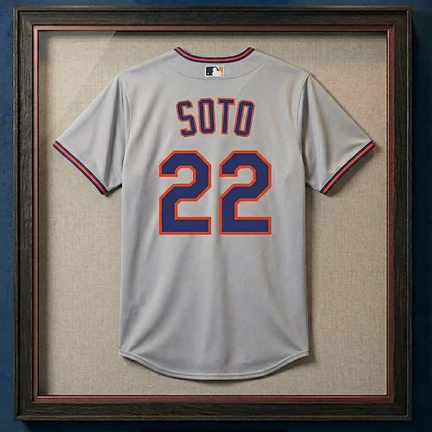 Framed gray Juan Soto baseball jersey with blue and red lettering and number 22 on the back.