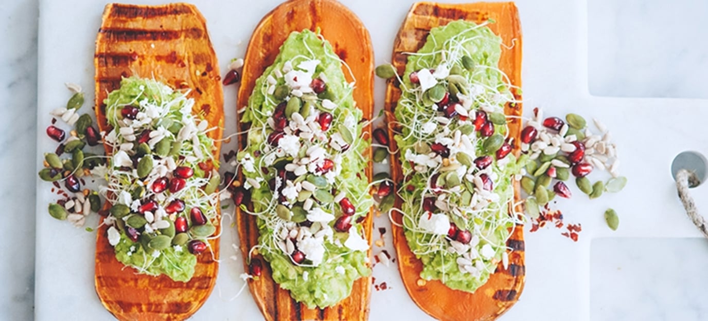 Sweet potato toast with avocado smash