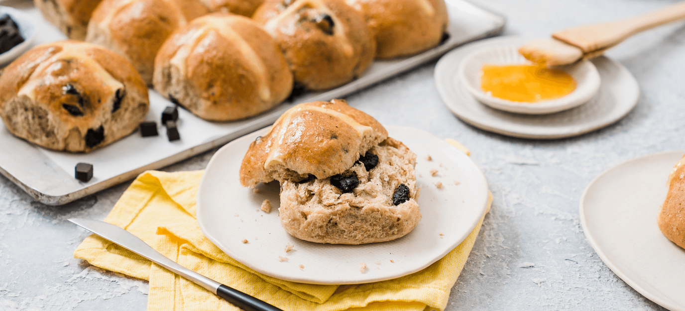 Choc-chunk hot cross buns Choc-chunk hot cross buns