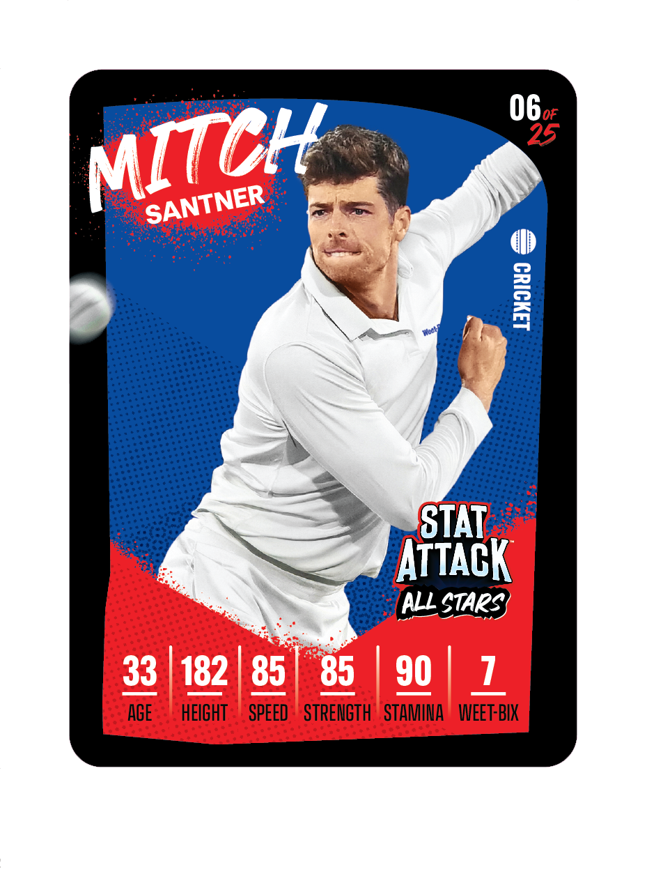 Digital sports trading card design for the “Weet-Bix StatAttack 2026” series featuring the player name “Mitch Santner,” with bold graphic elements and a portrait-style layout.