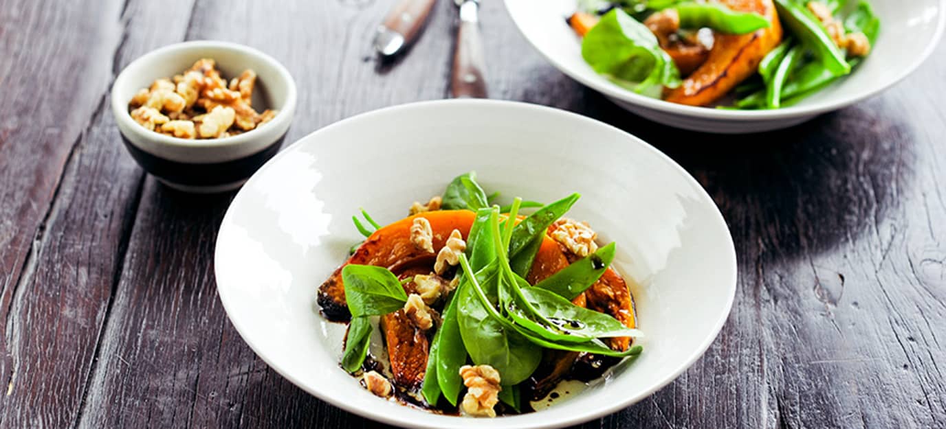 Pumpkin, walnut & snow pea salad