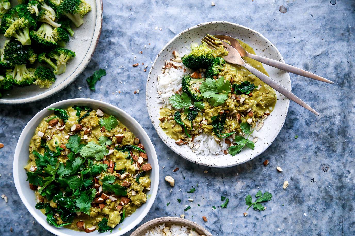 Nutmeat curry with steamed broccoli and basmati rice