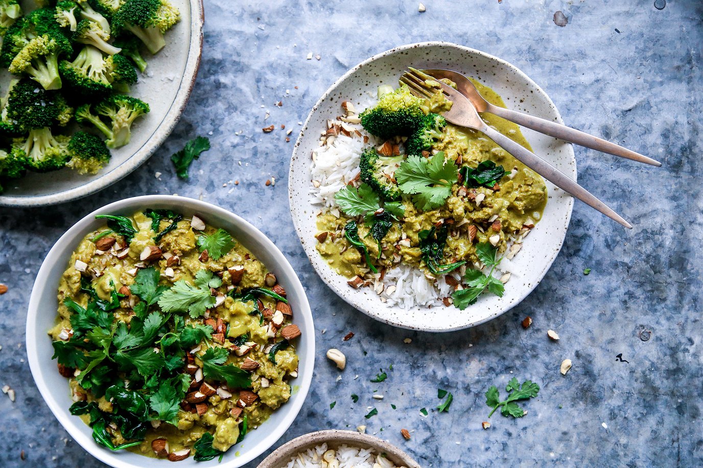 Nutmeat curry with steamed broccoli and basmati rice