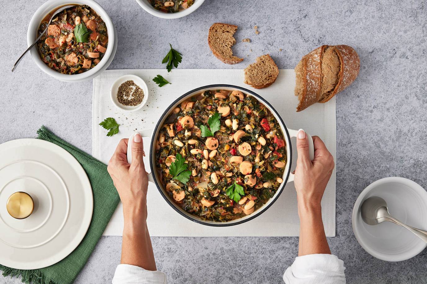 White bean, vegie sausage and spinach stew