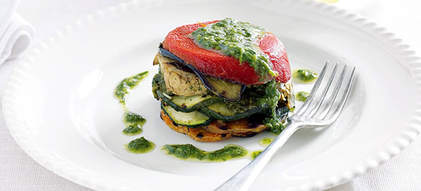 Tofu vegetable stack with lemon herb sauce Tofu vegetable stack with lemon herb sauce
