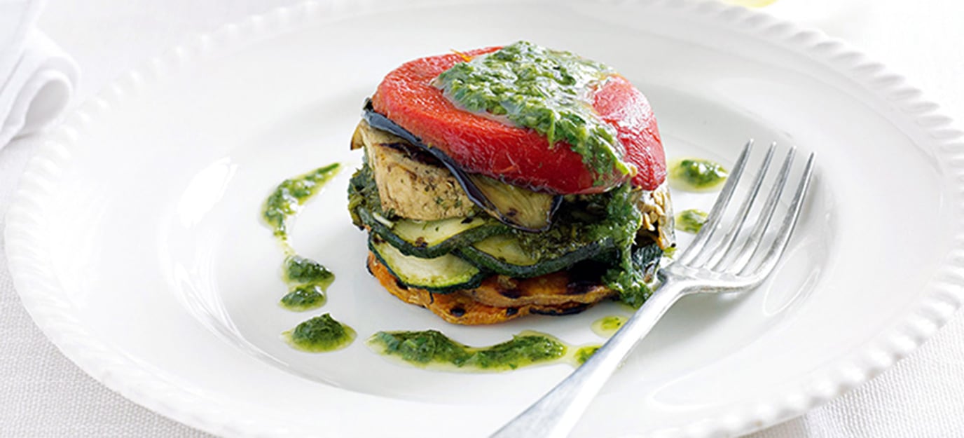 Tofu vegetable stack with lemon herb sauce