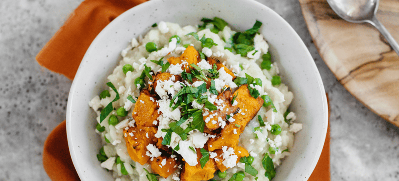 Roast pumpkin and pea risotto