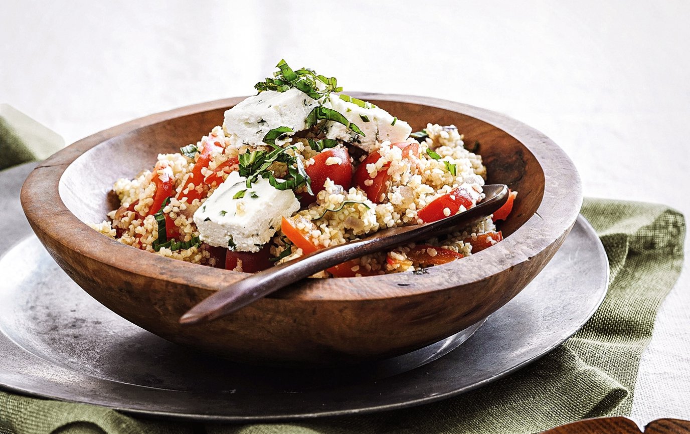 Warm capsicum, tomato, burghul and baked ricotta salad