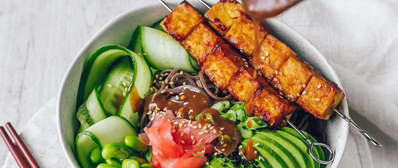 Sesame soba with miso tofu skewers