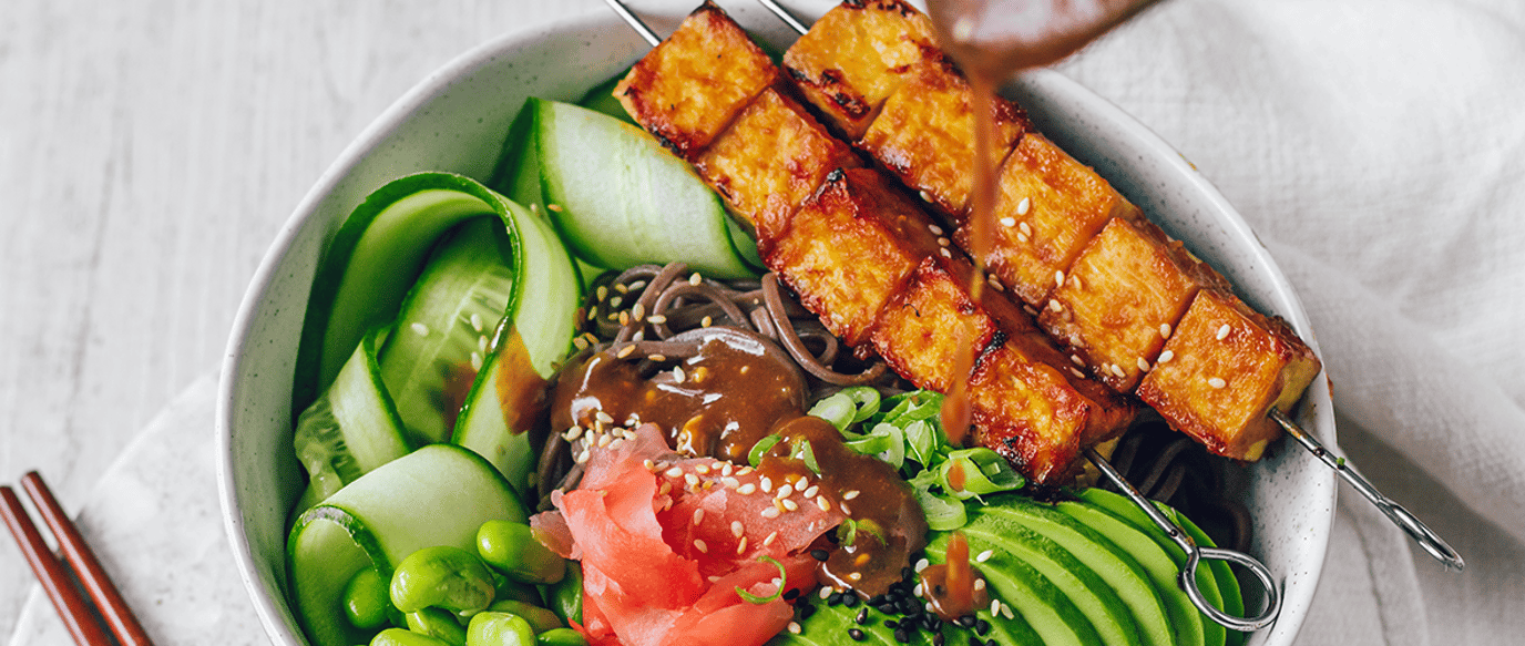Sesame soba with miso tofu skewers