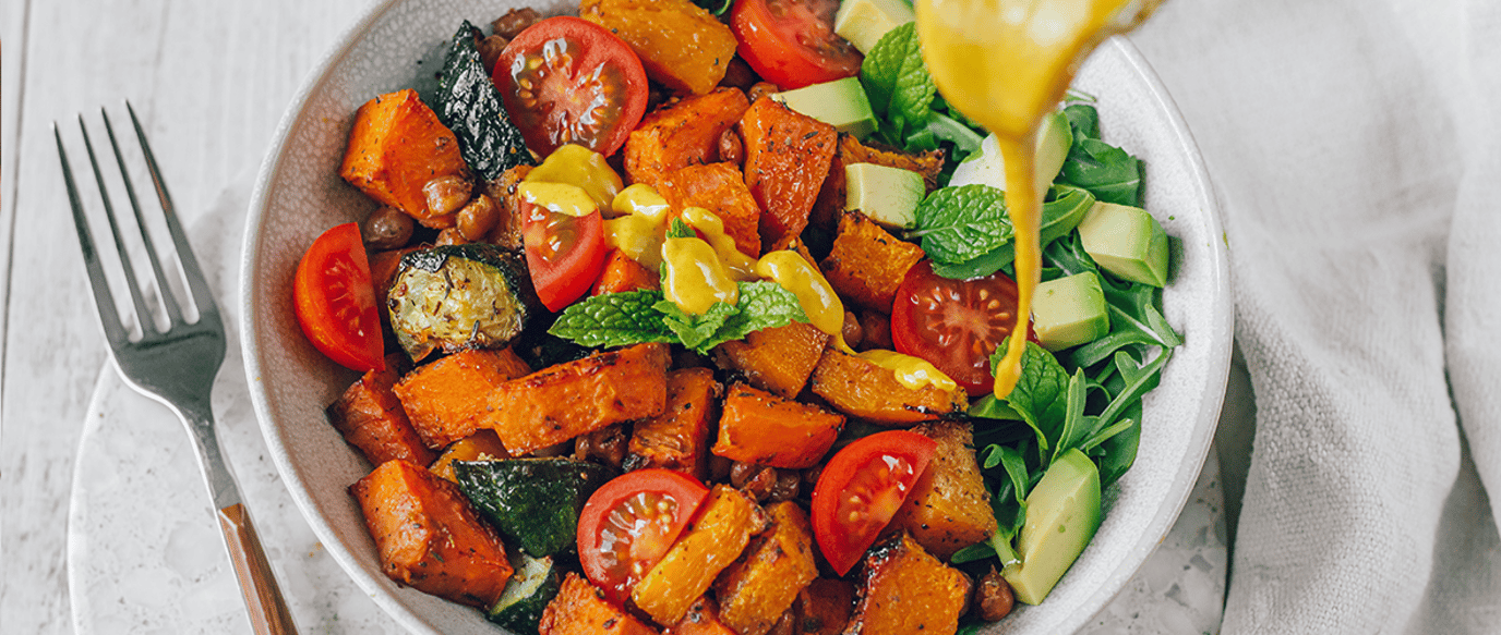 Summer roast bowl with curry tahini sauce