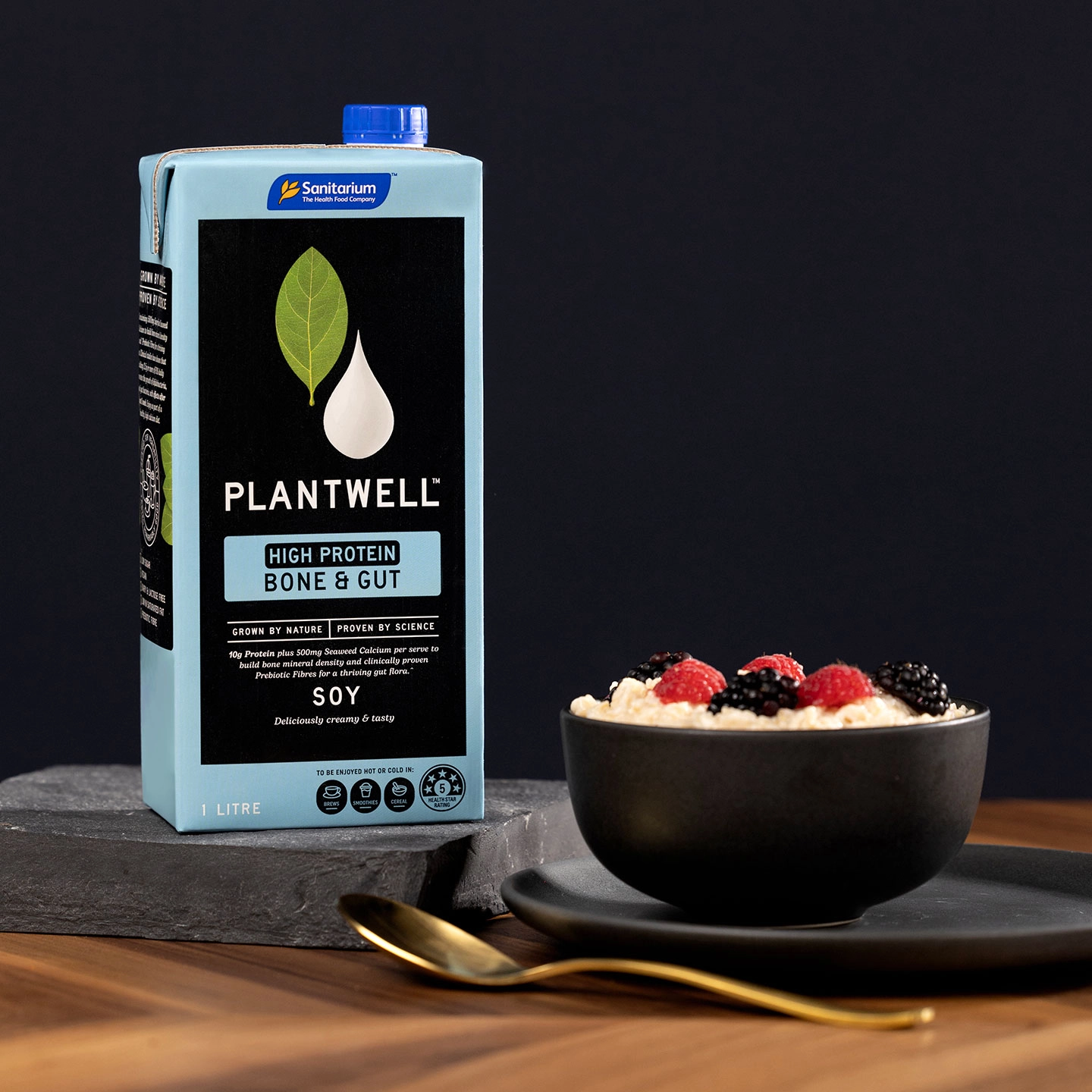 Plantwell Soy Milk and berry porridge