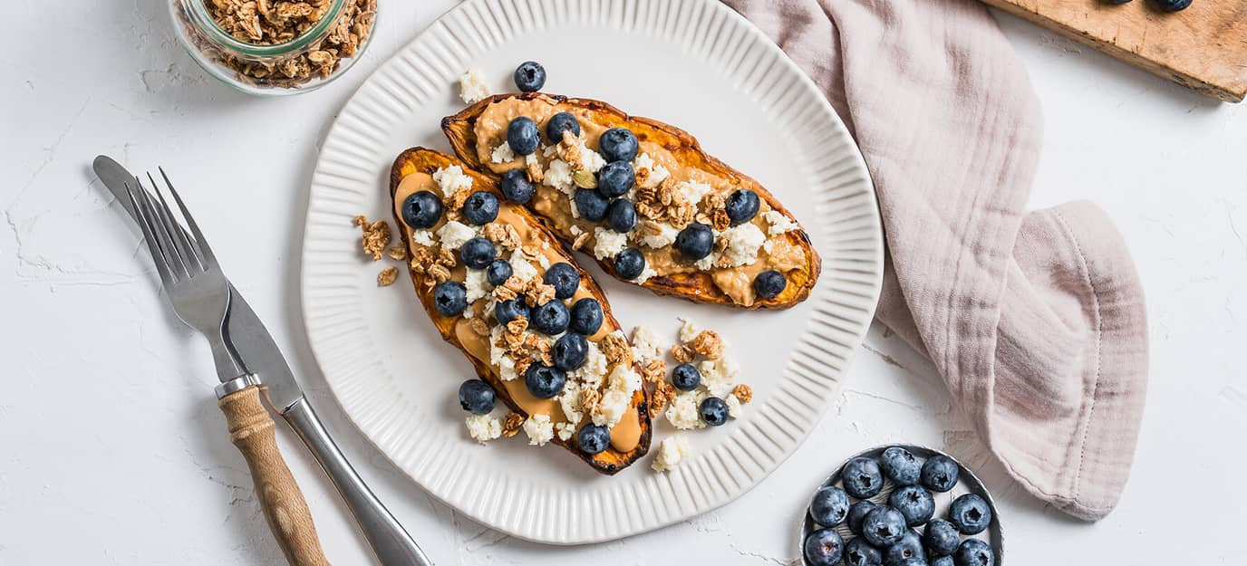 Sweet potato toast with peanut butter, ricotta & blueberries