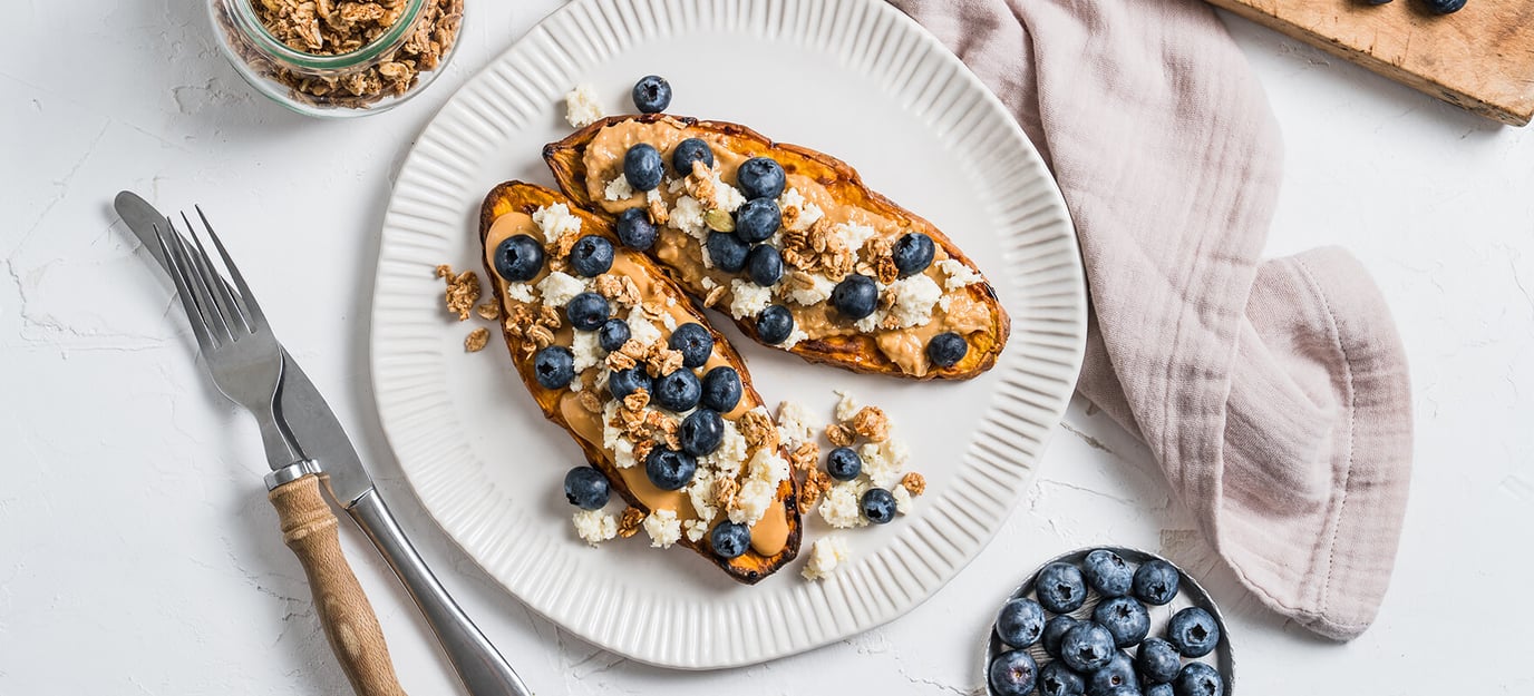 Kumara toast with peanut butter, ricotta & blueberries