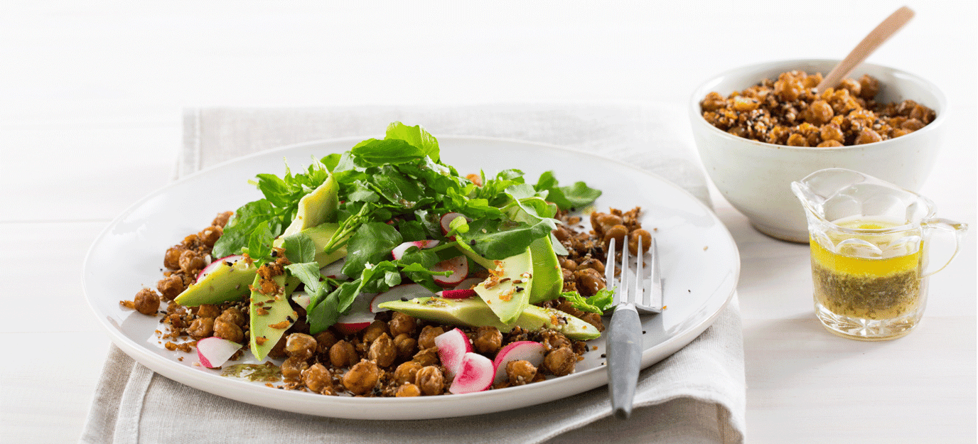 Spiced chickpea salad with avocado and watercress