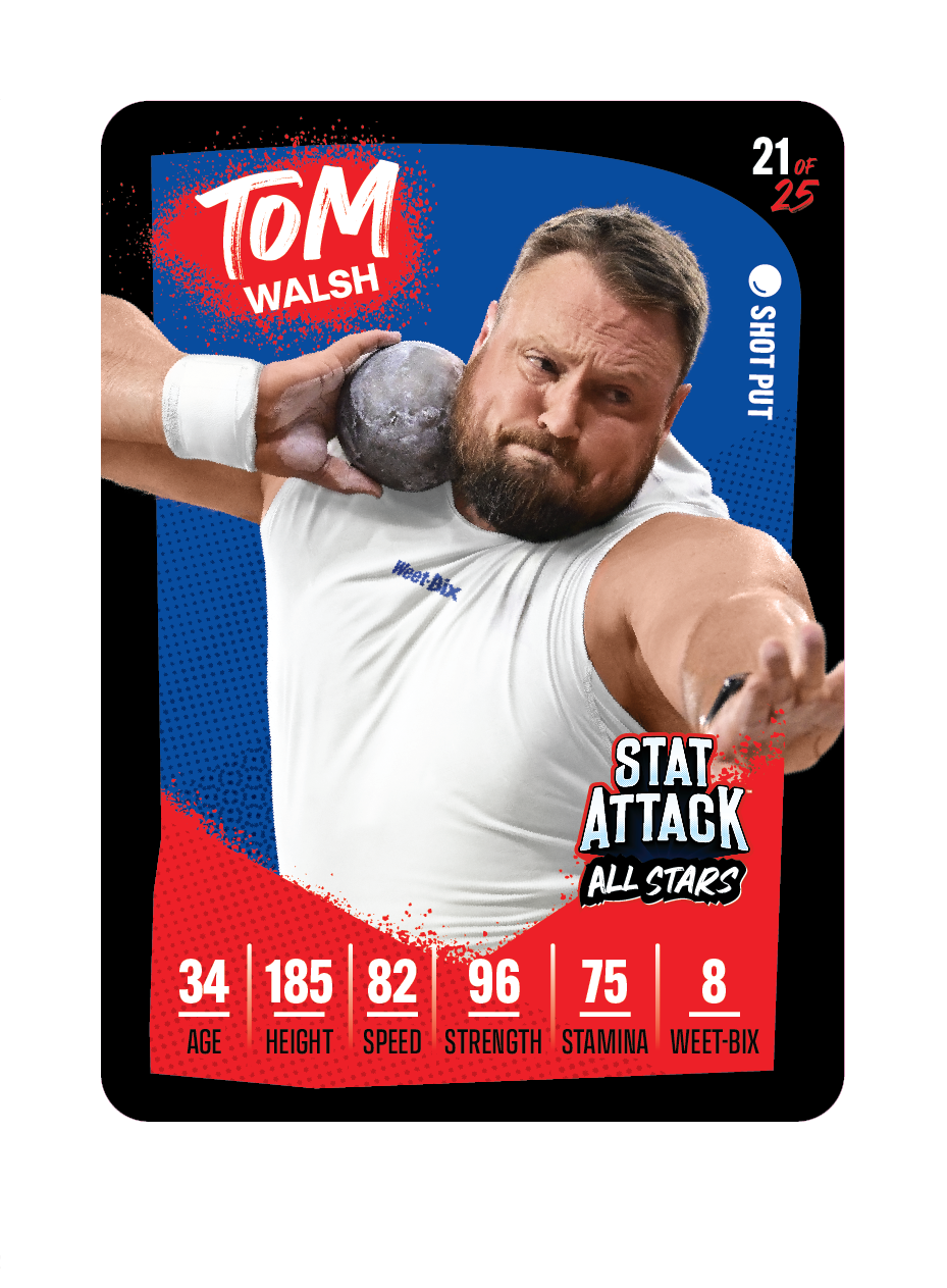 Promotional sports trading card graphic for the Weet-Bix “Stat Attack” 2026 series featuring athlete Tom Walsh. The design resembles a collectible card with player name, stats, and branding elements in a bold, high-contrast layout.