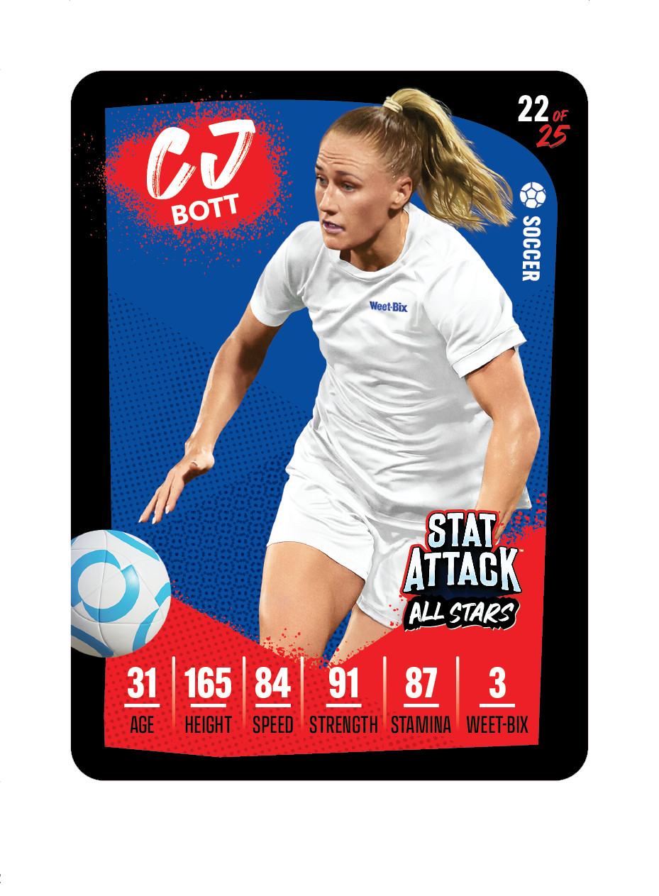 PNG image of a Weet-Bix StatAttack 2026 trading card-style graphic for CJ Bott, featuring a player headshot and stat/branding elements.