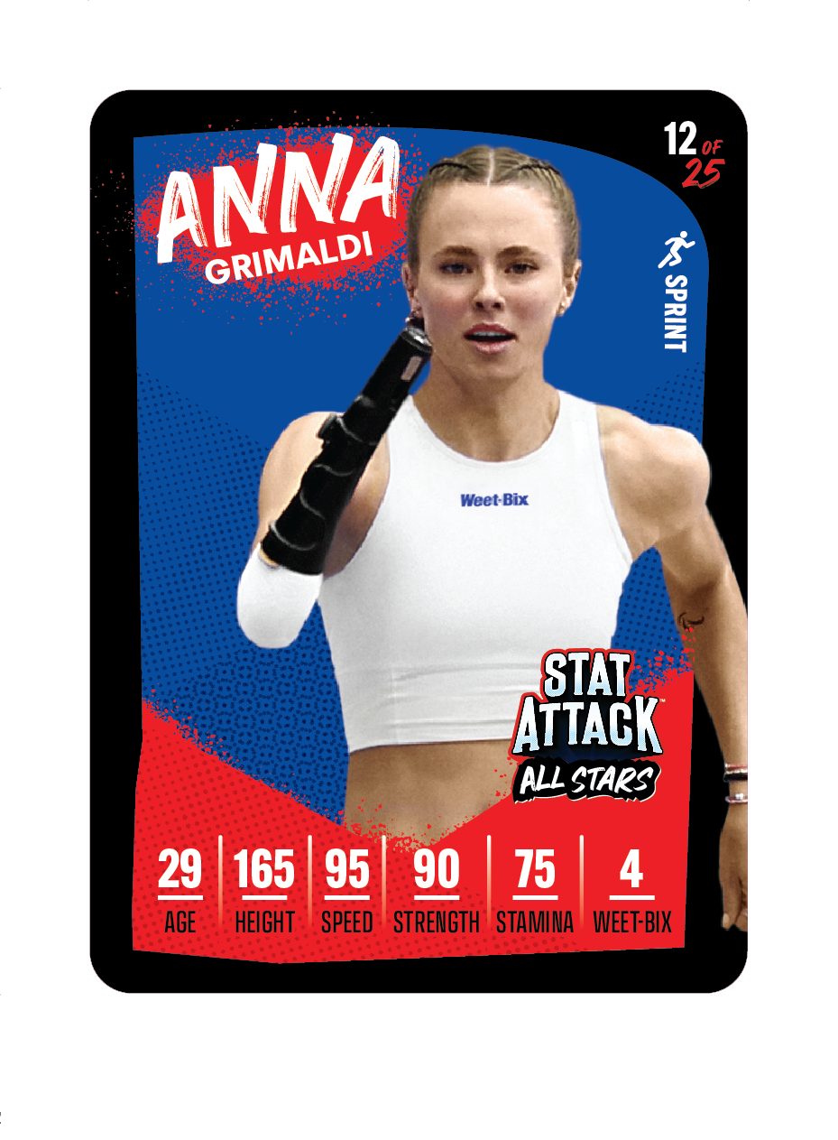 A PNG graphic of a Weet-Bix StatAttack 2026 collectible-style player card featuring Anna Grimaldi, with her name and stats presented in a bold sports card layout.