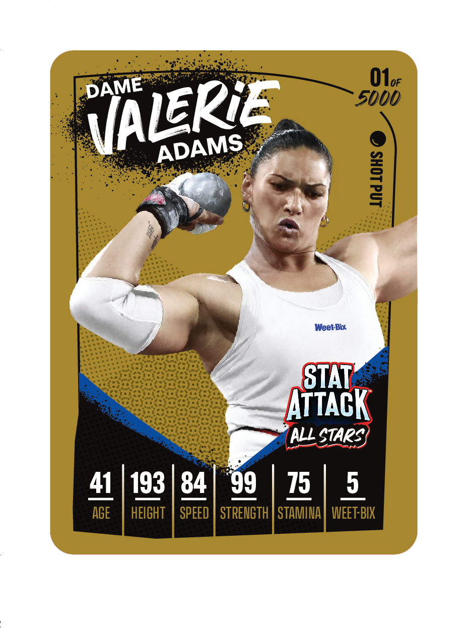 A gold-themed Weet-Bix StatAttack 2026 player trading card featuring Valerie Adams. The design includes her name and athlete-card style graphics on a gold background.