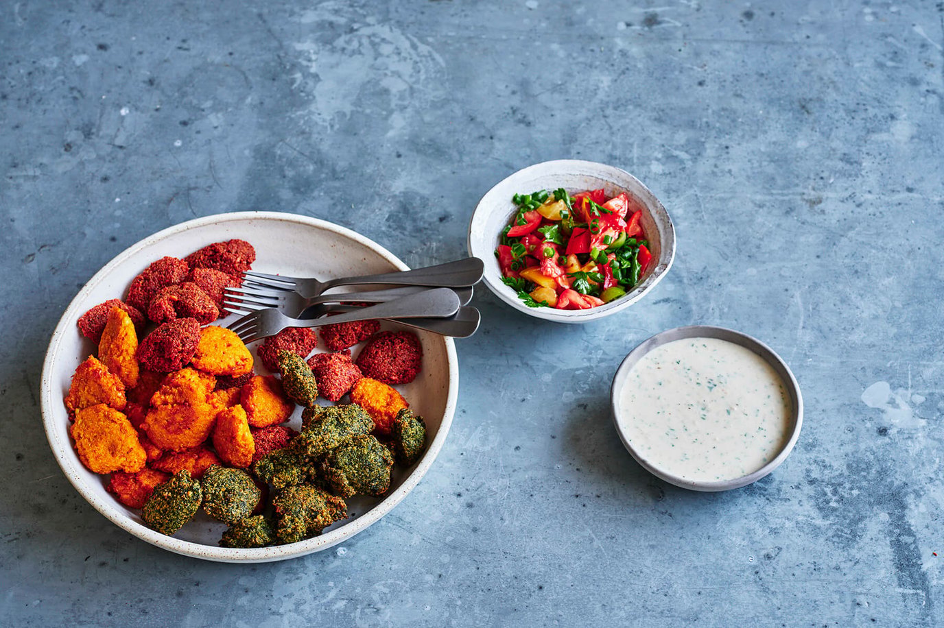 Rainbow falafels with parsley salad