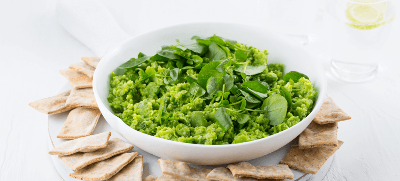 Smashed broad bean and spring onion dip with quinoa and seed crackers Smashed broad bean and spring onion dip with quinoa and seed crackers